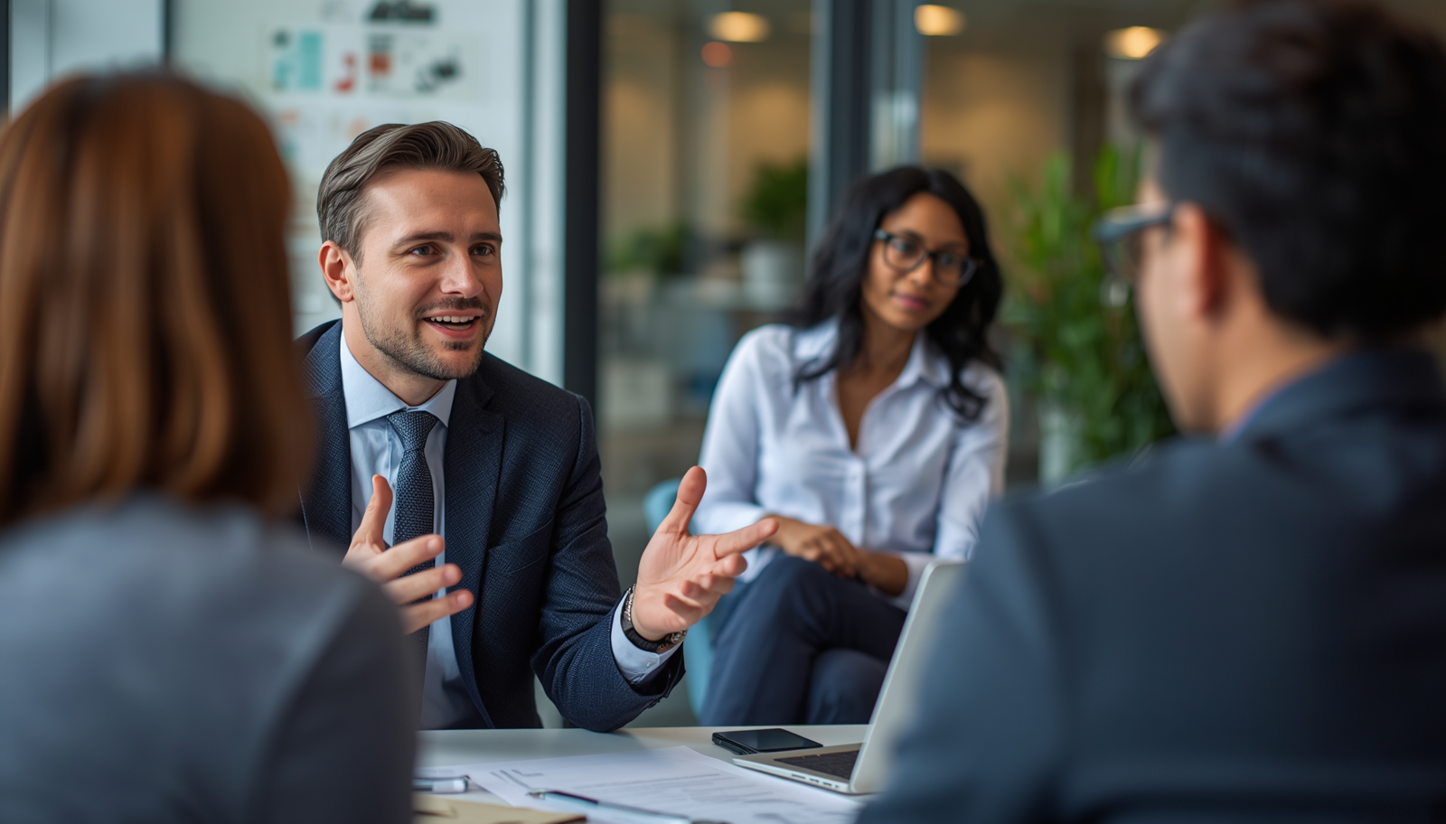 Líder facilitando una conversación con su equipo en una reunión de trabajo